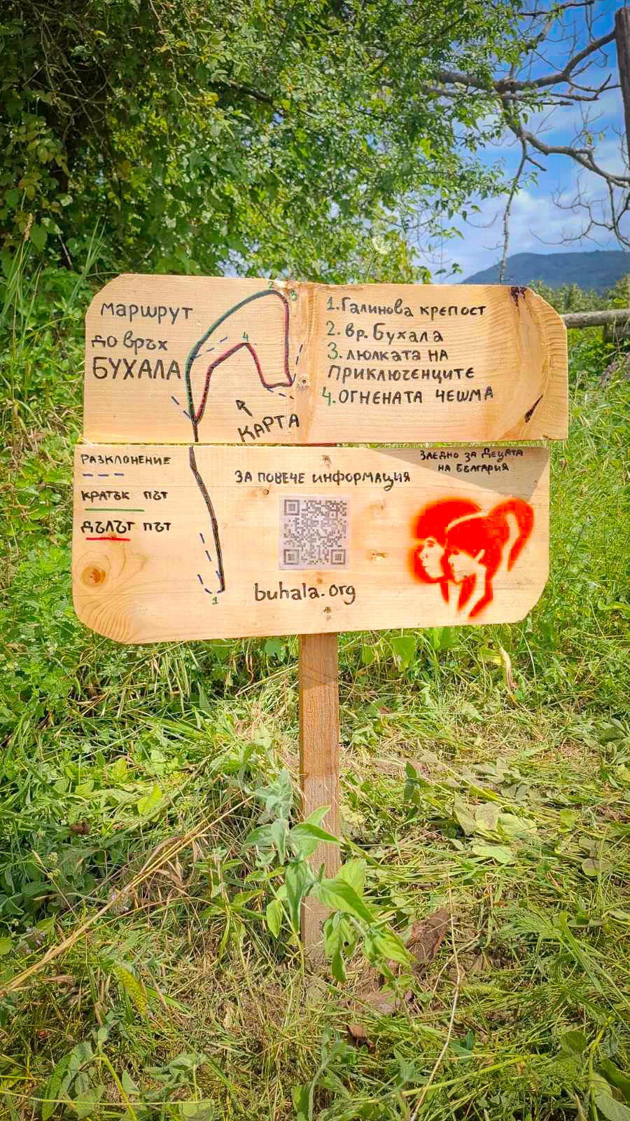 Дървена табела с картата на маршрута до връх Бухала и QR код
