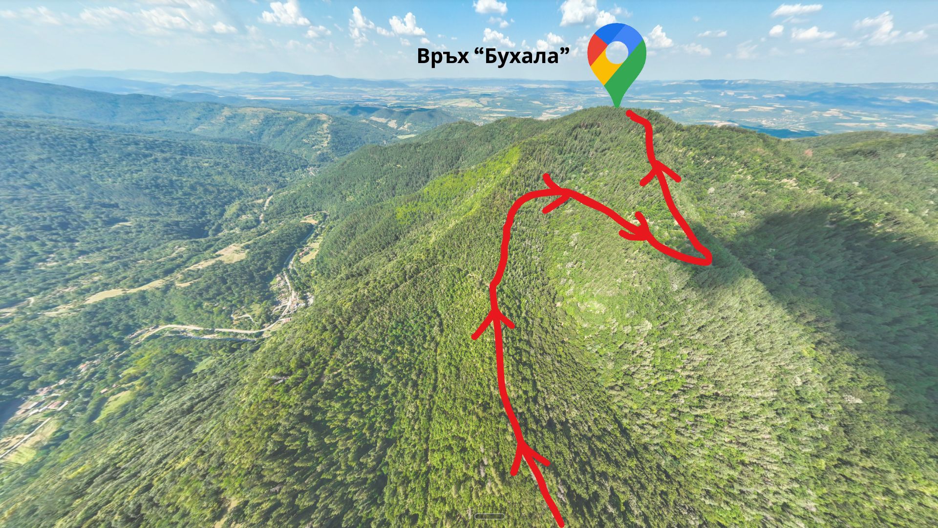 Въздушна снимка на маршрута към връх Бухала